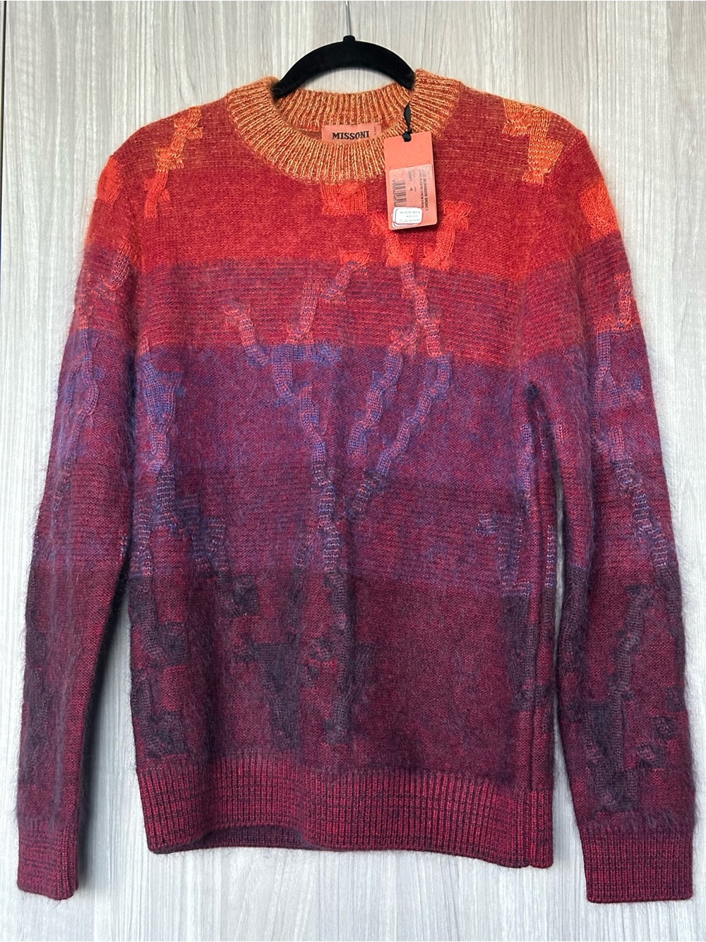 Missoni Men's Red, Purple and Orange Gradient Crewneck Sweater.